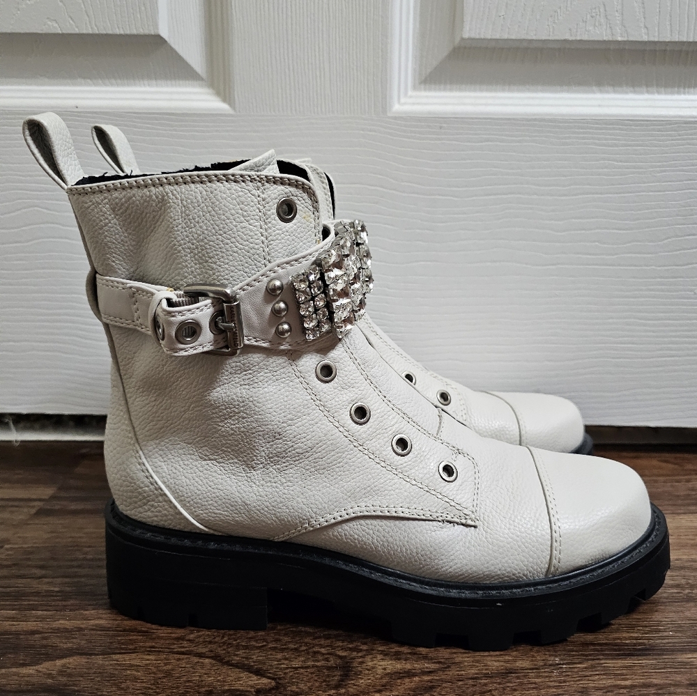 Karl Lagerfeld White Combat Boots with Rhinestone Buckle